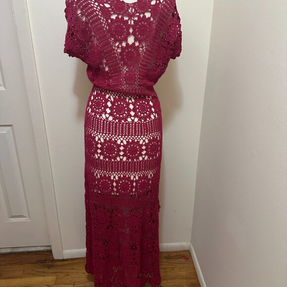 Free People Burgundy Maxi Crochet Short Sleeve Round Neck Dress - Sml - Picture 3 of 4